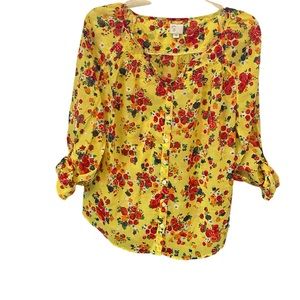 Anthropologie Postmark Blouse Sz 6 Yellow Floral BOHO Spring Roll Tab Sleeve…